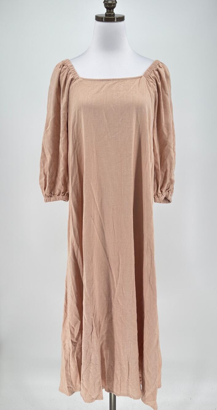 Rachel Pally Eris Tan Linen Blend Boho Square Neck Midi Dress Sz S NEW